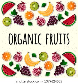 Vector illustration of fruit. Fruits vector illustration set. Vector object grape, grapes, orange, kiwi, pomegranate, watermelon, banana, bananas. Design elements. Fruit icons. Vector EPS 10