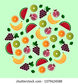 Vector illustration of fruit. Fruits vector illustration set. Vector object grape, grapes, orange, kiwi, pomegranate, watermelon, banana, bananas. Design elements. Fruit icons. Vector EPS 10