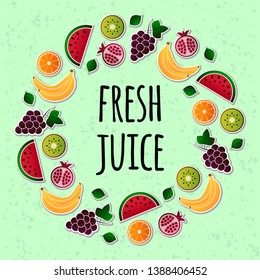 Vector illustration of fruit. Fruits vector illustration set. Vector object grape, grapes, orange, kiwi, pomegranate, watermelon, banana, design elements. Fruit icons. Vector EPS 10