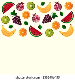 Vector illustration of fruit. Fruits vector illustration set. Vector object grape, grapes, orange, kiwi, pomegranate, watermelon, banana, design elements. Fruit icons. Vector EPS 10