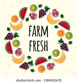 Vector illustration of fruit. Fruits vector illustration set. Vector object grape, grapes, orange, kiwi, pomegranate, watermelon, banana, bananas. Design elements. Fruit icons. Vector EPS 10

