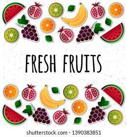 Vector illustration of fruit. Fruits vector illustration set. Vector object grape, grapes, orange, kiwi, pomegranate, watermelon, banana, bananas. Design elements. Fruit icons. Vector EPS 10