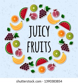Vector illustration of fruit. Fruits vector illustration set. Vector object grape, grapes, orange, kiwi, pomegranate, watermelon, banana, bananas. Design elements. Fruit icons. Vector EPS 10