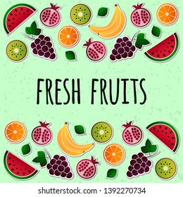 Vector illustration of fruit. Fruits vector illustration set. Vector object grape, orange, kiwi, pomegranate, watermelon, banana. Design elements for packaging, poster, banner. Fruit icons. 