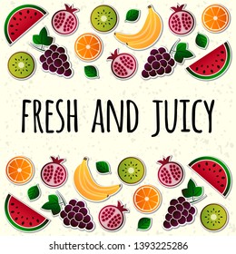 Vector illustration of fruit. Fruits vector illustration set. Vector object grape, orange, kiwi, pomegranate, watermelon, banana. Design elements for packaging, poster, banner. Fruit icons. 