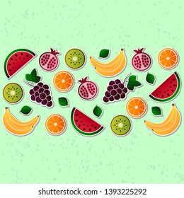 Vector illustration of fruit. Fruits vector illustration set. Vector object grape, orange, kiwi, pomegranate, watermelon, banana. Design elements for packaging, poster, banner. Fruit icons. 