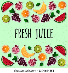 Vector illustration of fruit. Fruits vector illustration set. Vector object grape, orange, kiwi, pomegranate, watermelon, banana. Design elements for packaging, poster, banner. Fruit icons. 