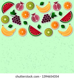 Vector illustration of fruit. Fruits vector illustration set. Vector object grape, orange, kiwi, pomegranate, watermelon, banana. Design elements for packaging, poster, banner. Fruit icons. 