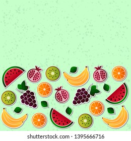Vector illustration of fruit. Fruits vector illustration set. Vector object grape, orange, kiwi, pomegranate, watermelon, banana. Design elements for packaging, poster, banner. Fruit icons. 