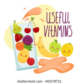 Vector illustration of fruit in a glass, vitamins, fruit juice, vegetarian food.