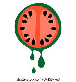 Vector illustration of fruit. Half of watermelon in droplets of juice, isolated on the white background. Series of Fruits and Vegetables Illustrations.