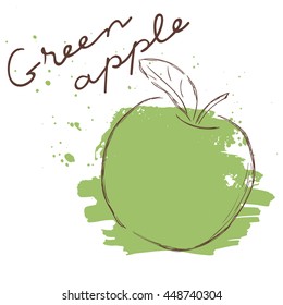 Vector illustration of fruit. Hand drawn on white background. Grunge. Green apple