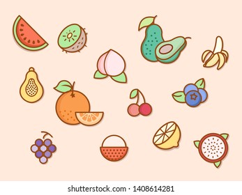 Vector illustration of a fruit and healthy food elements. Contains such as grape, papaya, Dragon fruit, watermelon, lychee and more. flat illustration style line drawing and background color orange. 