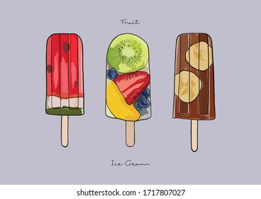 Vector Illustration of Fruit Ice Cream Bars set / Popsicle, Homemade