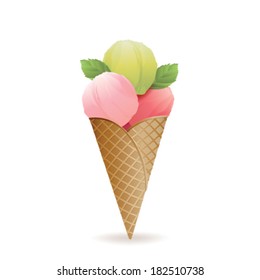 Vector illustration of fruit ice cream cone isolated on white background