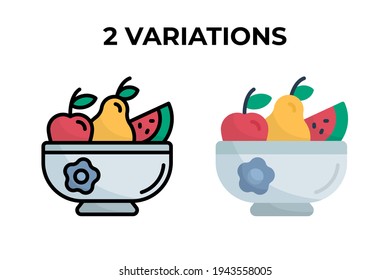 Vector illustration of fruit icon. Three fruits on the bowl with two variations design style