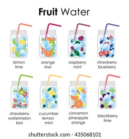 vector illustration / fruit infused water in glass jars / cold summer drinks with names of ingridients