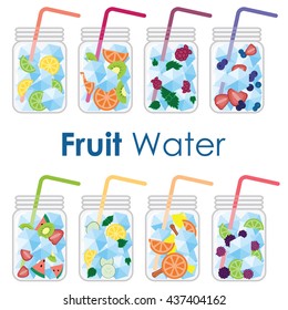 vector illustration / fruit infused water in glass jars / cold summer drinks with fruits and ice cubes good for healthy lifestyle products advertisement and detox programs