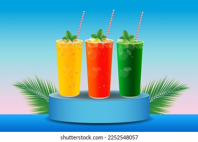 Vector illustration of fruit juice in glass on display stand for advertising.