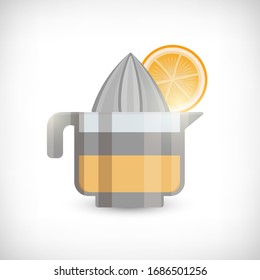 Vector illustration. Fruit juicer icon. Hand juicer for citrus fruits with juice and orange slice. Flat style. Vignette background. Element for web designs.