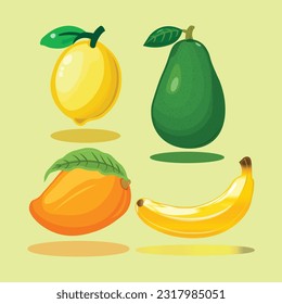 ilustración vectorial limón de fruto, aguacate, mango, banana