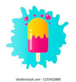 vector illustration of fruit pink and orange popsicle with a stick on a bright blue splash background