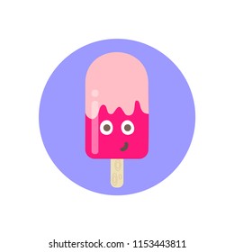 vector illustration of fruit pink popsicle with a stick on a lilac circle background