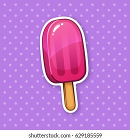 Vector illustration. Fruit popsicle ice lolly. Fruit ice cream on stick. Sticker in cartoon style with contour. Decoration for greeting cards, patches, prints for clothes, badges, menus