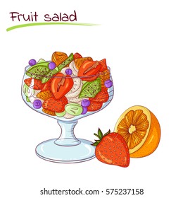 Vector illustration of fruit salad in glass bowl isolated on white. Healthy vegetarian food meal. Sliced berries and fruites icon for breakfast. Design for cookbook, restaurant business.