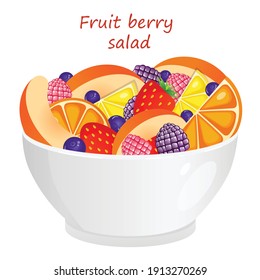 Vector illustration of fruit salad peach, orange, lemon, strawberry, blueberry, blackberry, raspberry in a white plate on a white background. Summer light salad. Healthy food concept