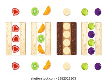 Ilustración vectorial Sándwiches de frutas fresas, naranjas, plátanos, uvas, productos coloridos de panadería dulce. Sándwich de fruta japonesa saludable Aislado en un fondo blanco.