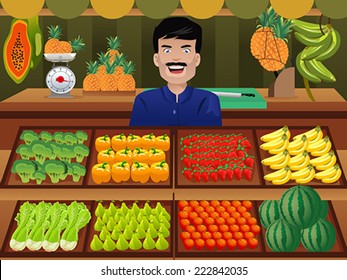 A vector illustration of fruit seller in a farmer market