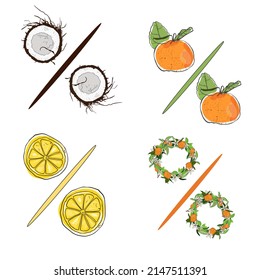 Vector illustration of fruit set. Citrus, coconut, lemon, for printing, logo, icon, for designers as a blank, emblem