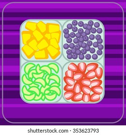 Vector illustration of fruit set. Healthy food. Strawberries, blueberries, pineapple, lime. Healthy lifestyle. Diet.