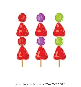 Vector illustration of fruit skewer Tanghulu, Asian street food. snack candy coated with sugar syrup. strawberry and grape candies