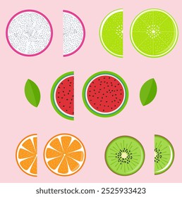 Vector illustration of fruit slices ( kiwi, lemon, water melon, orange, dragon Fruits)