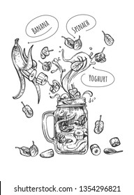 Vector illustration of fruit smoothie set. Levitating ingredients such as fresh banana, spinach and yoghurt, glass transparent jar with handle. Vintage hand drawn style.