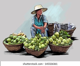 Vector illustration of a fruit street vendor in Bangkok Thailand