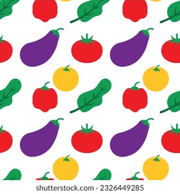 Vector illustration of fruit and vegetable pattern background. Kitchen wallpaper. Vegan healthy food. Garden products.