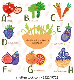 Vector illustration of fruit and vegetables. A, b, c, d, e, f ,g,h letters. Apple, broccoli, carrots,dewberry,eggplant, figs, grapefruit,	 huckleberry. Alphabet design in a colorful style.