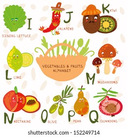 Vector illustration of fruit and vegetables. A, b, c, d, e, f ,g,h letters.Iceberg lettuce, jalapeno, kiwi,lime, mushroom, nectarine, olive, pear,quandong. Alphabet design in a colorful style.