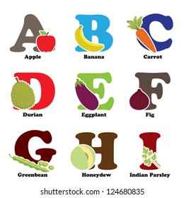 A vector illustration of fruit and vegetables in alphabetical order from A to I