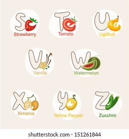 A vector illustration of fruit and vegetables in alphabetical order from S to Z