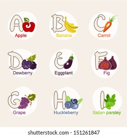 A vector illustration of fruit and vegetables in alphabetical order from A to I