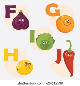 Vector illustration of fruit and vegetables emoticon. Alphabet design in a colorful style. Education card for children.