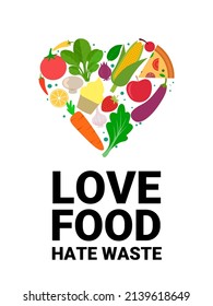 Vector illustration of fruit and vegetables forming a heart symbol, world food day concept and International Awareness Day on Food Loss and Waste.