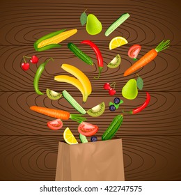 Vector illustration of Fruit and vegetables on wooden  background, banana, carrot, pepper, corn, sunflower,lemon, tomato, berries, cucumber
