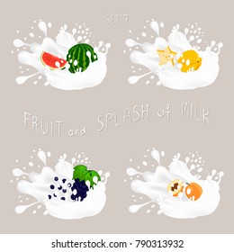 Vector illustration for fruit watermelon, grape, apricot, carambola, splash of drop white milk. Apricot pattern of splashes drip flow Milk. Eat fruits watermelons, grapes, apricots,carambolas in milks