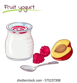 Vector illustration of fruit yogurt isolated on white background. Food Icon. Design for cookbook, restaurant business. Series of food, drinks and ingredients for cooking.