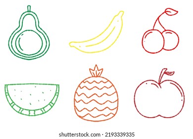 Vector illustration of fruits. Avocado, banana, cherry, watermelon, pineapple, apple icons with colored outline